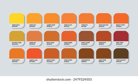 Tiger Color Palette, Tiger Color Guide Palette with Color Names. Catalog Samples of Tiger Colors with RGB HEX codes and Names. Plastic, Paint, Fashion Trend Flame Red Color Palette Vector Design