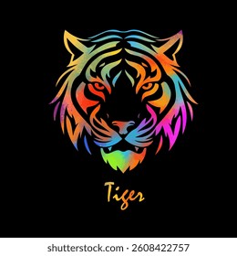 Tiger colored head on black background. hand drawing. Not AI, Vector illustration.
