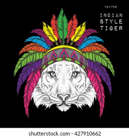 Tiger in the colored Indian roach. Feather headdress of eagle. Hand draw vector  illustration
