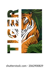 Tiger colored portrait at white background. Modern design with a tiger head, eyes look straight, jungle leaves, big letters TIGER silhouettes. Abstract graphic flat vector for t-shirt, poster, cover