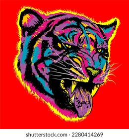 Cara colorida de tigre con la inscripción en la lengua "Mala". Ilustración vectorial.