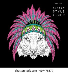 Tiger in colorful Indian roach. Feather headdress of eagle. Hand draw vector illustration