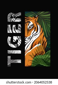 Tiger colorful portrait. Modern design with tiger head, eyes look straight, jungle leaves, big black and white letters TIGER silhouettes. Abstract graphic vector flat design for t-shirt, poster, cover