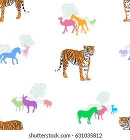 Tiger with colorful silhouette animals. Wild life animals. Seamless pattern. Vector illustration isolated on white background.