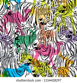 Tiger with colorful silhouette wildlife animals, seamless pattern. Wild animal design trendy fabric texture, illustration.