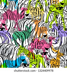 Tiger with colorful silhouette wildlife animals, seamless pattern. Wild animal design trendy fabric texture, illustration.