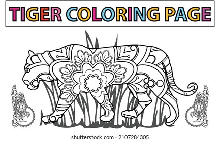 Tiger coloring book for adults raster illustration. Anti-stress coloring for adult. Zentangle style. Black and white pattern pussycat