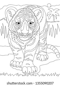 Tiger coloring book isolated on white background. Vector funny illustration with wild cat in jungle