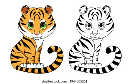 Tiger coloring page. Cartoon animal. Clipart  for nursery poster, t-shirt print, kids apparel, greeting card, label, or sticker. Vector illustration.