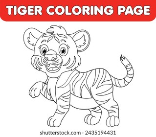 tiger coloring page for kids,  cute cartoon character, for children's creativity, print.