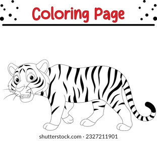 Tiger coloring page. Wild animals. Little cute baby tiger for kids. Black and white vector illustration for coloring book