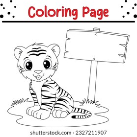 Tiger coloring page. Wild animals. Little cute baby tiger for kids. Black and white vector illustration for coloring book