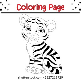 Tiger coloring page. Wild animals. Little cute baby tiger for kids. Black and white vector illustration for coloring book