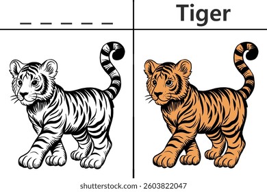 Tiger coloring pages for kids and learning to recognize letters, animal recognition cards for various games in early childhood learning