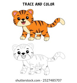 Tiger coloring pages for kids. Trace and color Tiger. Hand drawn tiger outline vector for coloring books. Forest animal. Jungle animal. Kindergarten and preschool worksheets printable for kids.