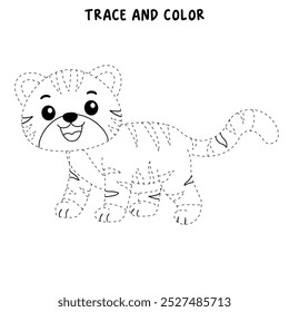 Tiger coloring pages for kids. Trace and color Tiger. Hand drawn tiger outline vector for coloring books. Forest animal. Jungle animal. Kindergarten and preschool worksheets printable for kids.