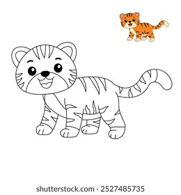 Tiger coloring pages for kids. Trace and color Tiger. Hand drawn tiger outline vector for coloring books. Forest animal. Jungle animal. Kindergarten and preschool worksheets printable for kids.