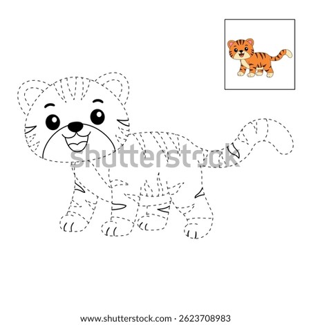 Tiger coloring pages for kids. Trace and color Tiger. Tiger animal flashcard for kids vector illustration. Letters T is for Tiger. Fun animal worksheets printable for kids activity.
