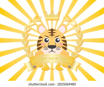 A tiger and a concentrated line that seems to pop out of the golden crown and laurel frame