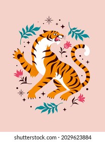 Tiger concept art. Vector illustration of a cartoon roaring sitting tiger surrounded by plants and flowers. Isolated on light pink background