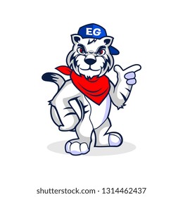 Tiger with confidence eyes using blue hat