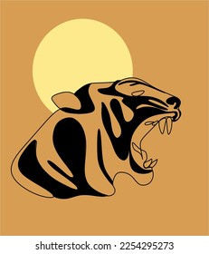 Tiger in continuous line drawing style. Abstract tiger with open mouth, minimalist black line art sketch. Vector illustration