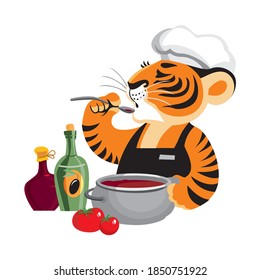 tiger cook in a hat, trying soup, character
