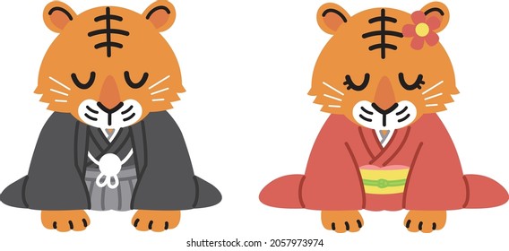 Tiger couple wearing kimono bow deeply in 2022