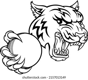 A tiger cricket player cartoon animal sports mascot holding a ball in its claw