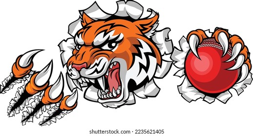 A tiger cricket player cartoon animal sports mascot holding a ball in its claw