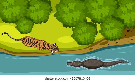 A tiger and crocodile near a forest river