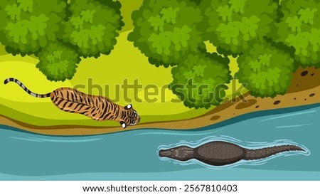 A tiger and crocodile near a forest river