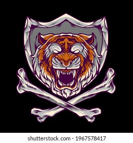 Tiger with cross bone and shield  illustration full vector for your business or merchandise