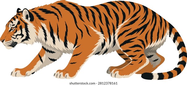 Tiger crouching in side profile facing left, full body striped predator, flat vector illustration
