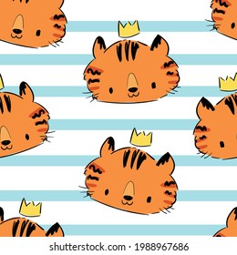 Tiger with crown background. Seamless Pattern Vector Cute Tiger Cheerful illustration. Print design for baby textile