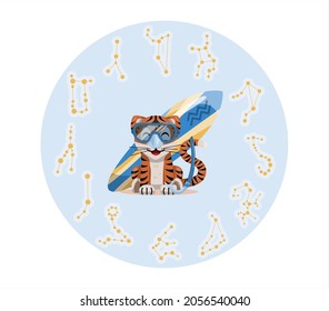 Tiger cub with aquarius zodiac sign Astrological sign icon Vector cartoon illustration Horoscope and Eastern New Year.
