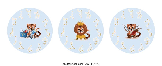 Tiger cub with aries, leo, sagittarius zodiac sign Astrological sign icon Vector cartoon illustration Horoscope and Eastern New Year.
