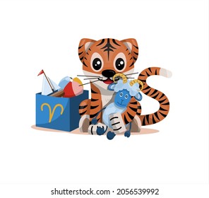 Tiger cub with aries zodiac sign Astrological sign icon Vector cartoon illustration Horoscope and Eastern New Year.