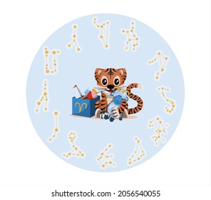 Tiger cub with aries zodiac sign Astrological sign icon Vector cartoon illustration Horoscope and Eastern New Year.