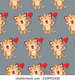 A tiger cub with a balloon. Vector pattern in a flat style. Simple seamless pattern. Valentine's Day background.