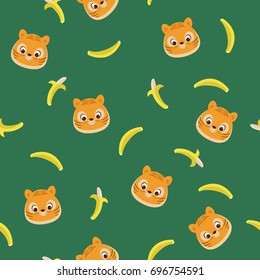 Tiger cub and bananas. Seamless vector pattern/wallpaper. Fabric design for boys. 