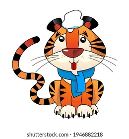 Tiger cub in a blue scarf and a snowball on his head, drawn in a cartoon style on a white background, an isolated object. Vector, illustration