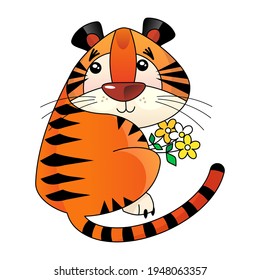 Tiger cub with a bouquet of flowers, drawn in cartoon style on a white background, isolated object 