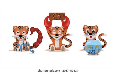 Tiger cub with cancer, scorpio, pisces zodiac sign Astrological sign icon Vector cartoon illustration Horoscope and Eastern New Year.