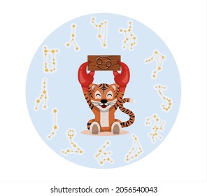 Tiger cub with cancer zodiac sign Astrological sign icon Vector cartoon illustration Horoscope and Eastern New Year.