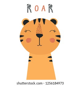 Tiger cub, cartoon character. Vector illustration for printing on children's goods.Cute baby background with funny animals.
