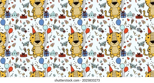 Tiger cub celebrates birthday. Hand drawn cute print for posters, cards, t-shirts.