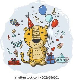 Tiger cub celebrates birthday. Hand drawn cute print for posters, cards, t-shirts.
