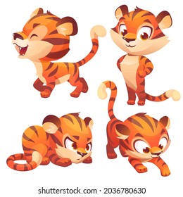 Tiger cub cute cartoon character hunting, slink and roar. Funny animal mascot stand with arms akimbo. Kawaii wild baby kitten with smiling muzzle and striped skin, Vector illustration, isolated set