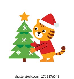 Ein Tigerjunge schmückt einen Weihnachtsbaum mit einfachen, festen Schneeflocken, perfekt für fröhliche und minimale Urlaubsvektor-Kunstwerke